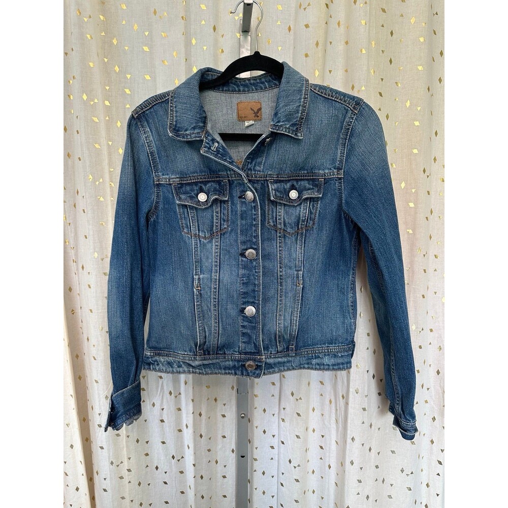American Eagle Button Up Faded Distressed Stretch Denim Jeans Trucker Jacket M